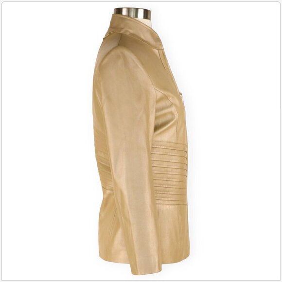 St. John Sport 100% Leather Pearl Metallic Gold Tan Zip Front Jacket P Petite - Picture 3 of 6